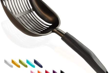 Cat Litter Scoop, Non-Stick Plated Aluminum Alloy Sifter, Kitty Durable Metal Scooper, Deep Shovel, Long Handle, Kitten Pooper Lifter, Size Large, Coated Black Body with Black Handle