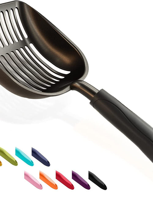 Load image into Gallery viewer, Cat Litter Scoop, Non-Stick Plated Aluminum Alloy Sifter, Kitty Durable Metal Scooper, Deep Shovel, Long Handle, Kitten Pooper Lifter, Size Large, Coated Black Body with Black Handle
