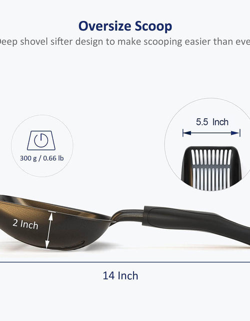Load image into Gallery viewer, Cat Litter Scoop, Non-Stick Plated Aluminum Alloy Sifter, Kitty Durable Metal Scooper, Deep Shovel, Long Handle, Kitten Pooper Lifter, Size Large, Coated Black Body with Black Handle
