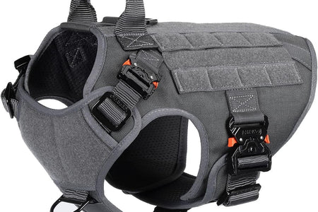 Tactical Dog Harness with 4X Metal Buckle,Dog MOLLE Vest with Handle,No Pulling Front Clip,Hook and Loop Panel for Dog Custom Patch (M (25"-30" Girth), Wolf Gray)