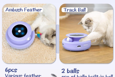 Cat Toys, 2-In-1 Interactive Cat Toys for Indoor Cats, Automatic Cat Toy Balls, Mice Toys Ambush Feather Kitten Toys with 7Pcs Attachments, Dual Power Supplies, Adjustable Speed, Auto On/Off